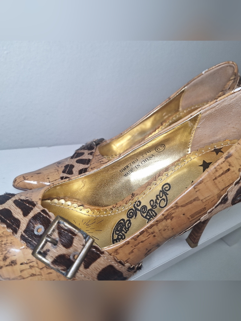 Naughty Monkey "Corkit" Leopard Cowhide Pumps | Vintage Y2K Cork Stiletto Buckle - Picture 8 of 8